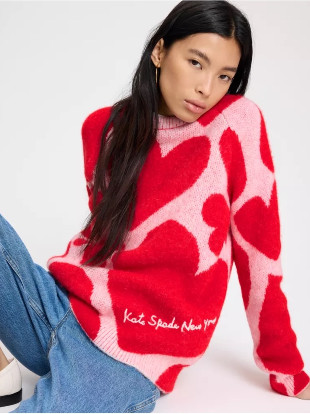 Kate Spade‎ Red & Pink Heart-Pattern Crewneck Sweater